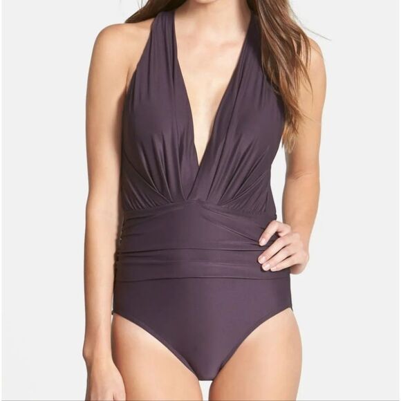 Badgley Mischka Dip Back Maillot Swimsuit Women's Plus Size 14 Brown - Picture 1 of 12